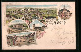 Lithographie Adorf, Bahnhof, Rathaus, Kirche  - Other & Unclassified