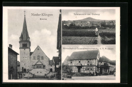 AK Nieder-Klingen, Gasthaus Und Kolonialwarenhandlung V. V. Willems, Kirche, Totalansicht Mit Otzberg  - Autres & Non Classés