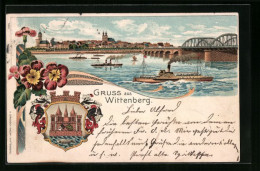 Lithographie Wittenberg, Uferpartie Mit Brücke Und Dampfer, Wappen  - Wittenberg