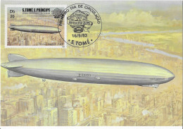 BALLON LE DIRIGEABLE ZEPPELIN DE 1929 - CARTE MAXIMUM 1ER JOUR DE SAO TOME ET PRINCIPE 1983, VOIR LE SCANNER - Airships