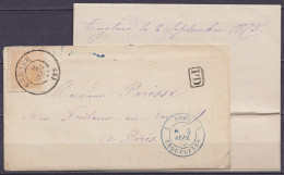 LAC De ANGLEUR Affr. N°33 Càd CHENEE /2 SEPT 1875 Pour PARIS - [PD] - Càd Bleu "BELG. 2 /ERQUELINNES" (au Dos: Càd Ambul - 1869-1883 Leopoldo II