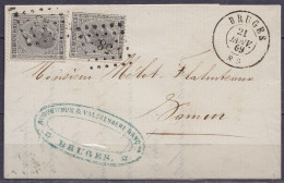 L. Affr. 2x N°17 Lpts "58" Càd BRUGES /21 JANV. 1869 Pour NAMUR (au Dos: Càd Arrivée BRUGES) - 1865-1866 Profile Left