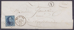 LSC (sans Contenu) "pressée" Affr. N°15 Lpts "143" Càd GEDINNE /16 JANV. 1865 Pour NEUFCHATEAU - Boîte Rurale "Y" (au Do - 1863-1864 Medaillons (13/16)