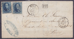 L. Affr. 2x N°15 (2 Formats Différents !) P160 Càd ROUX /14 JANV. 1864 Pour PARIS - [PD] - Càd "BELG. A ERQUELINNES /A"  - 1863-1864 Medallions (13/16)