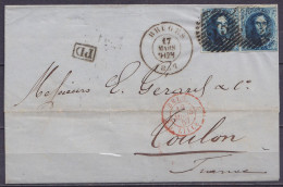 LSC (sans Contenu) Affr. Paire N°7 (1tp Margé) P23 Càd BRUGES /17 MARS 1857 Pour TOULON France - [PD] - Càd "BELG.5 /LIL - 1851-1857 Medallions (6/8)