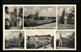 AK Mainz-Gonsenheim, Stadtpanorama Mit Der Kirche, Das Ehrenmal, Der Lennebergturm, Schloss Waldhausen, Die Nothelfer-  - Mainz
