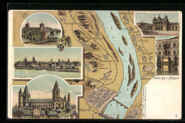 AK Mainz, Stadttotale, Dom, Eisenbahnbrücke, Bahnhof, Karte Des Rheinabschnitts Mit Den Angrenzenden Städten  - Mainz