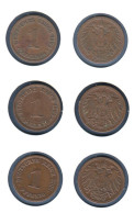 Allemagne  1 Pfennig  1903 A + 1905 A + 1906 G, Type 2, KM#10, Deutsches Reich, - 1 Pfennig