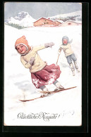 Künstler-AK Karl Feiertag: Zwei Kinder Fahren Ski  - Feiertag, Karl