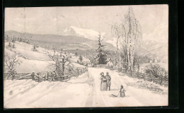 Künstler-AK V.K., Vienne Nr. 5422: Familie Spaziert Im Winter, Ortspartie Mit Bergen  - Autres & Non Classés