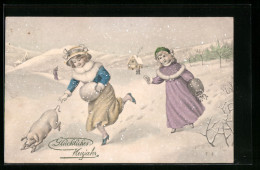 Künstler-AK V.K., Vienne Nr. 5357: Zwei Schwestern Im Schnee Mit Einem Ferkel  - Autres & Non Classés
