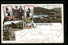 Lithographie Schwarzwald, Schwarzwälder Bauernhaus, Menschen In Schwarzwälder Tracht  - Trachten