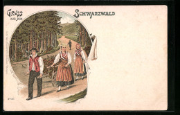 Lithographie Schwarzwald, Familie In Schwarzwälder Tracht Holt Holz  - Costumi