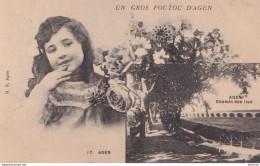 X15-47) AGEN - UN GROS POUTOU D ' AGEN - CHEMIN DES ILES  - FILETTE AVEC FLEURS - 1910 - ( 2 SCANS ) - Agen