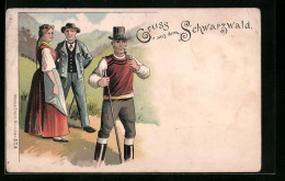 Lithographie Schwarzwald, Paar In Schwarzwälder Tracht, Mann Raucht Pfeife  - Costumi