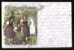 Lithographie Schwarzwald, Drei Frauen In Schwarzwälder Tracht Am Wasserfall  - Costumes