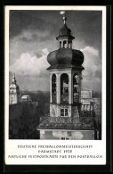 AK Darmstadt, Glockenspiel Im Schloss Während Deutscher Ballonmeisterschaft 1935, Sonderstempel  - Fesselballons