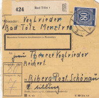 Paketkarte 1946: Bad Tölz Nach Biberg Post Schönau - Lettres & Documents