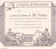Y27-  LOT DE 2 CERTIFICAT DE SOUSCRIPTION 30 Francs  -PHILEXFRANCE 89 --  ( 2 SCANS )  - Postdokumente