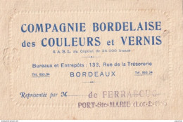 33) BORDEAUX - COMPAGNIE BORDELAISE DES COULEURS ET VERNIS - BUREAUX ET ENTREPOTS 133 , RUE DE LA TRESORIE - Cartes De Visite