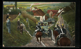 Künstler-AK Truppenbewegung Durch Eine Ortschaft, Artillerie  - War 1914-18