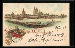 Lithographie Köln, Ortspartie Mit Rhein Und Dom, Wappen  - Koeln