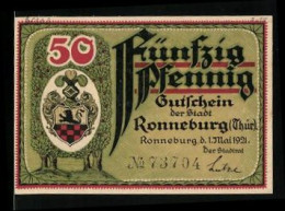 Notgeld Ronneburg / Thür. 1921, 50 Pfennig, Wappen Und Eiche, Rathaus  - [11] Local Banknote Issues