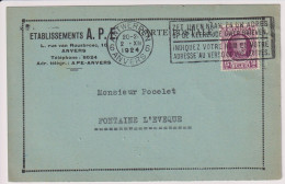 Briefkaart Carte Postale - Ets A.P.E. Anvers Antwerpen à Fontaine L'Eveque - 1924 - Briefkaarten 1909-1934