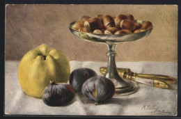Künstler-AK M.Billing: Zwiebeln Und Apfel Stehen Neben Schale Mit Nüssen Und Nussknacker Auf Dem Tisch  - Billing, M.