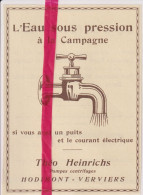 Pub Reclame - Eau Sous Pression , Théo Heinrichs - Hodimont Verviers - Orig. Knipsel Coupure Tijdschrift Magazine - 1924 - Publicités