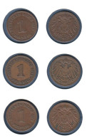 Allemagne  1 Pfennig  1912 A + 1913 A + 1914 F, Type 2, KM#10, Deutsches Reich, - 1 Pfennig