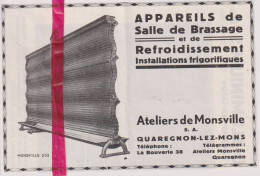 Pub Reclame - Ateliers De Monsville , Quaregnon - Orig. Knipsel Coupure Tijdschrift Magazine - 1937 - Publicités