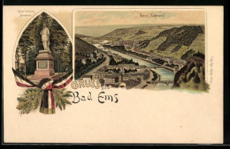 Lithographie Bad Ems, Ortsansicht Mit Lahntal, Kaiser Wilhelm-Denkmal  - Bad Ems