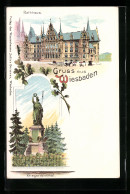 Lithographie Wiesbaden, Rathaus Und Kriegerdenkmal  - Wiesbaden