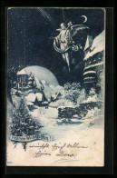 AK Weihnachtsengel über Dem Verschneiten Dorf  - Engelen