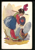 Künstler-AK Mädchen Mit Bemalten Eiern Und Huhn Zu Ostern  - Pâques