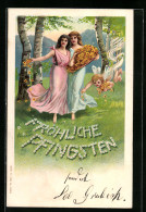 AK Damen Mit Blumen Und Fee Zu Pfingsten  - Pfingsten