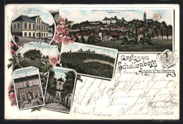 Lithographie Schellenberg, Hotel Weisser Hirsch, Schloss Augustusburg, Schlosshof  - Augustusburg