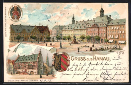 Lithographie Hanau, Marktplatz, Altstädter Rathaus  - Hanau