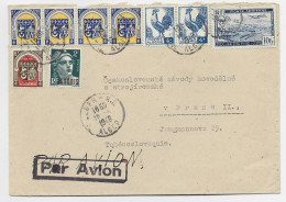 ALGERIE PA 10FR +COQ 4FRX2+ 2FR GANDON + 1FR BLASONX4 +6FR LETTRE AVION ALGER 1949 POUR PRAGUE - Lettres & Documents