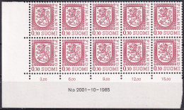 FINNLAND 1977 Mi-Nr. 807 II ** MNH Eckrand 10erBlock - Ungebraucht