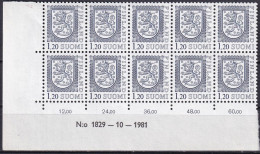 FINNLAND 1979 Mi-Nr. 835 I ** MNH Eckrand 10erBlock - Nuovi