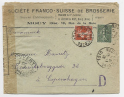 SEMEUSE 10C+15C LIGNEE LETTRE ENTETE STE FRANCO SUISSE BROSSERIE MOUY OISE 1916 POUR DANEMARK + CENSURE - 1877-1920: Semi Modern Period