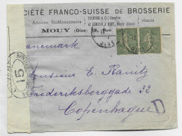 SEMEUSE 15C LIGNEEX2  LETTRE ENTETE STE FRANCO SUISSE BROSSERIE MOUY OISE 1917 POUR DANEMARK + CENSURE - 1877-1920: Période Semi Moderne