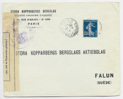 SEMEUSE 25C LETTRE COVER ENTETE STORA KOPPARBERGS BERGLAG PARIS 88 1915 POUR FALUN SUEDE SVERIGE + CENSURE - WW I