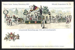 Lithographie Ravensburg, Project. Histor. Festzug 1902, Turngemeinde Ravensburg Gegr. 1840 Unt Turnerfeuerwehr  - Ravensburg
