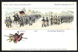 Lithographie Ravensburg, Project. Histor. Festzug 1902, Freischärler 1848, Ravensburger Bürgerwehr  - Ravensburg