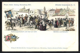 Lithographie Ravensburg, Project. Histor. Festzug 1902, Patriziergesellschaft Zum Esel Um 1400, Gelehrte & Künstler  - Ravensburg