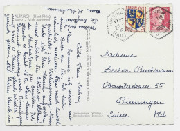 FRANCE MULLER 15FR + 3FR BLASON C. HEX PERLE HIRSINGUE 20.7.1955 HAUT RHIN SUR CARTE ALTKIRCH POUR SUISSE AU TARIF - Handstempels