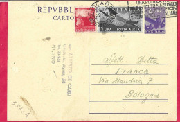 INTERO CARTOLINA POSTALE DEMOCRATICA LIRE 8 (+LIRE 1 P.A.+3 L.)(INT 134) - VIAGGIATA * 29.VI.1948* DA MILANO PER BOLOGNA - Stamped Stationery